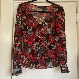 New York & Co Floral Button down top with neck scarf Size 4